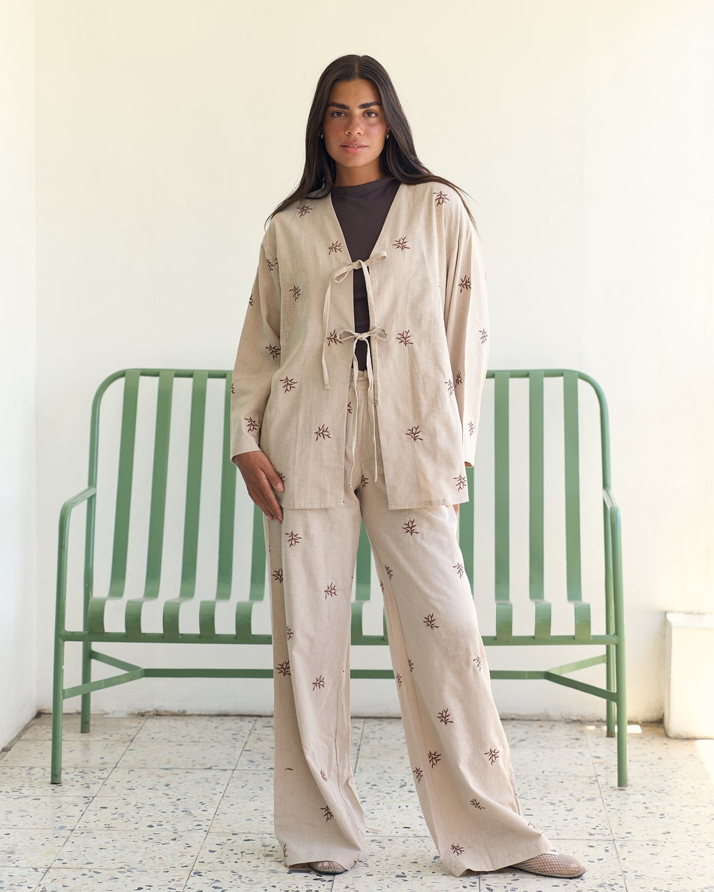 The Embroidered Linen Set - Sand Beige