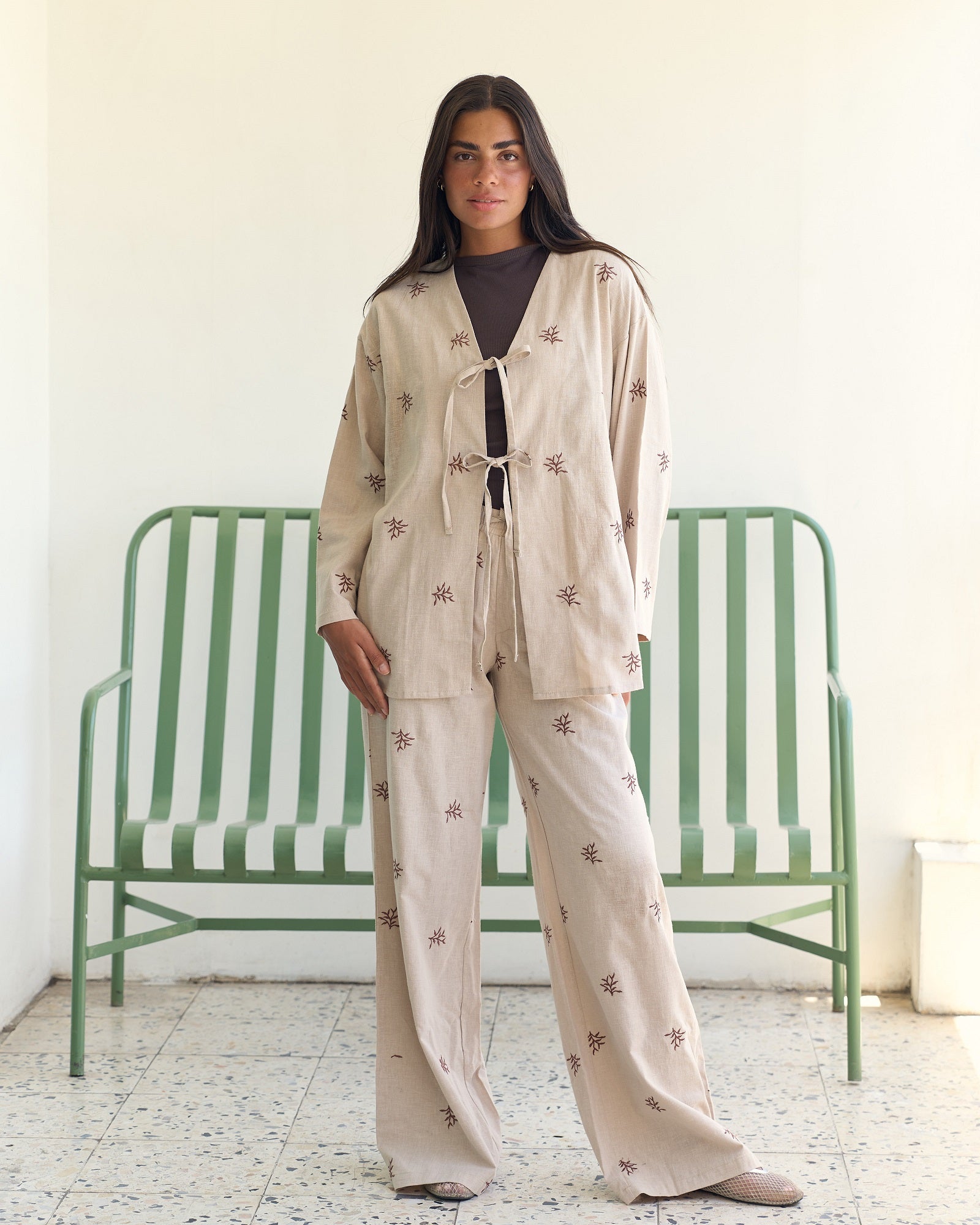 The Embroidered Linen Set - Sand Beige