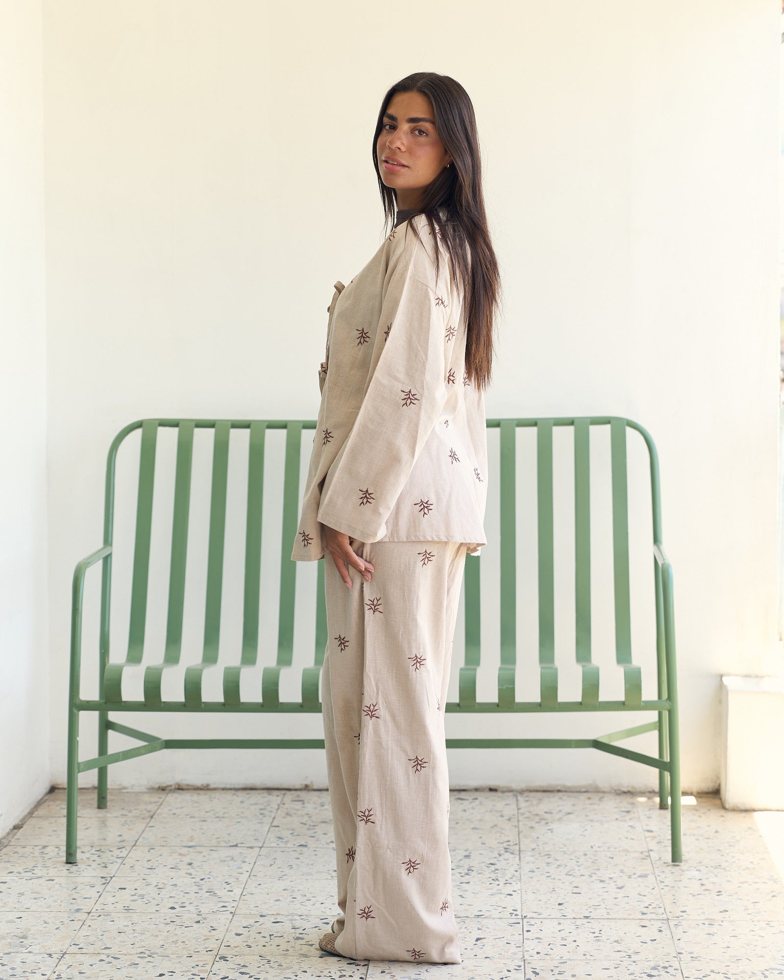 The Embroidered Linen Set - Sand Beige