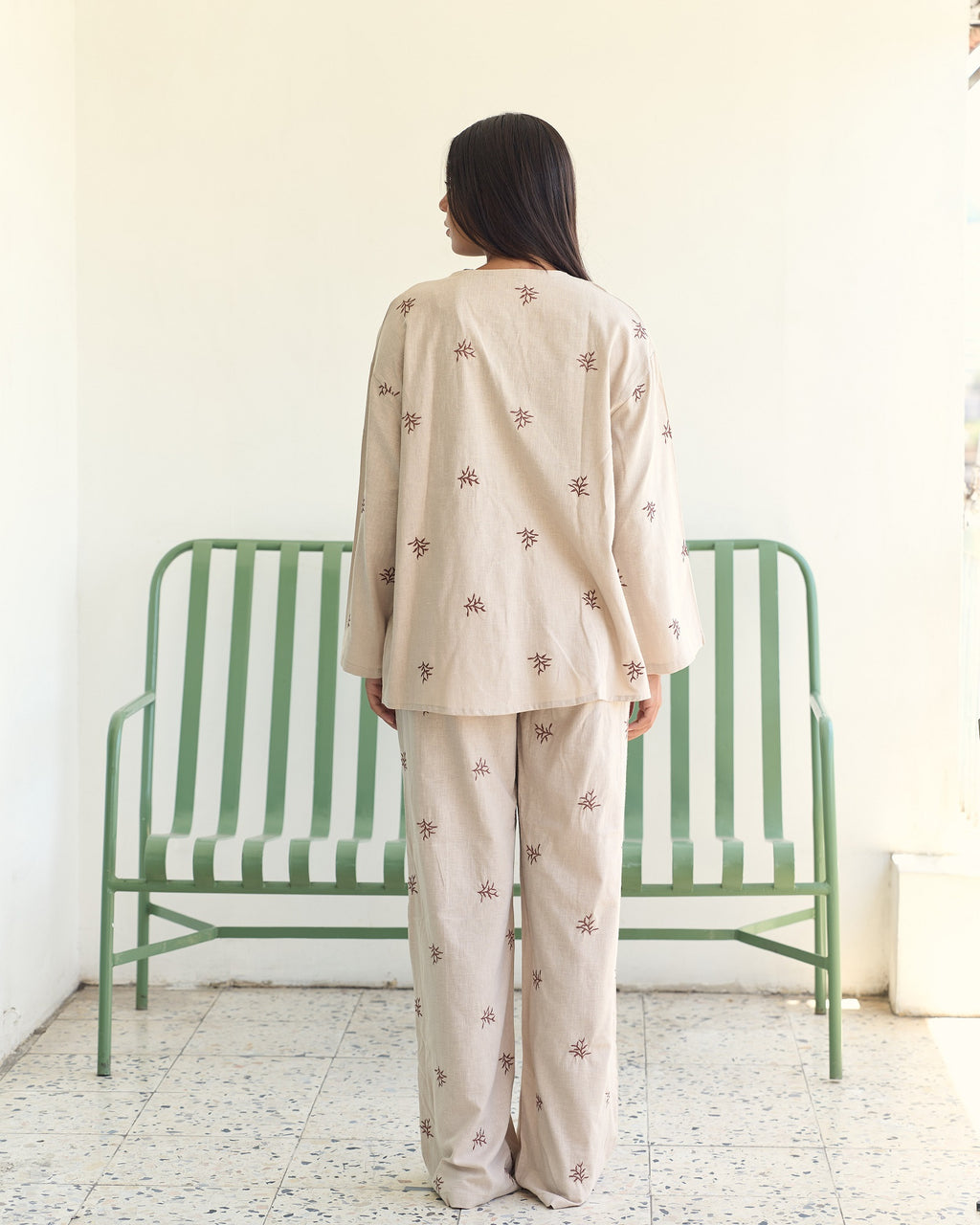 The Embroidered Linen Set - Sand Beige