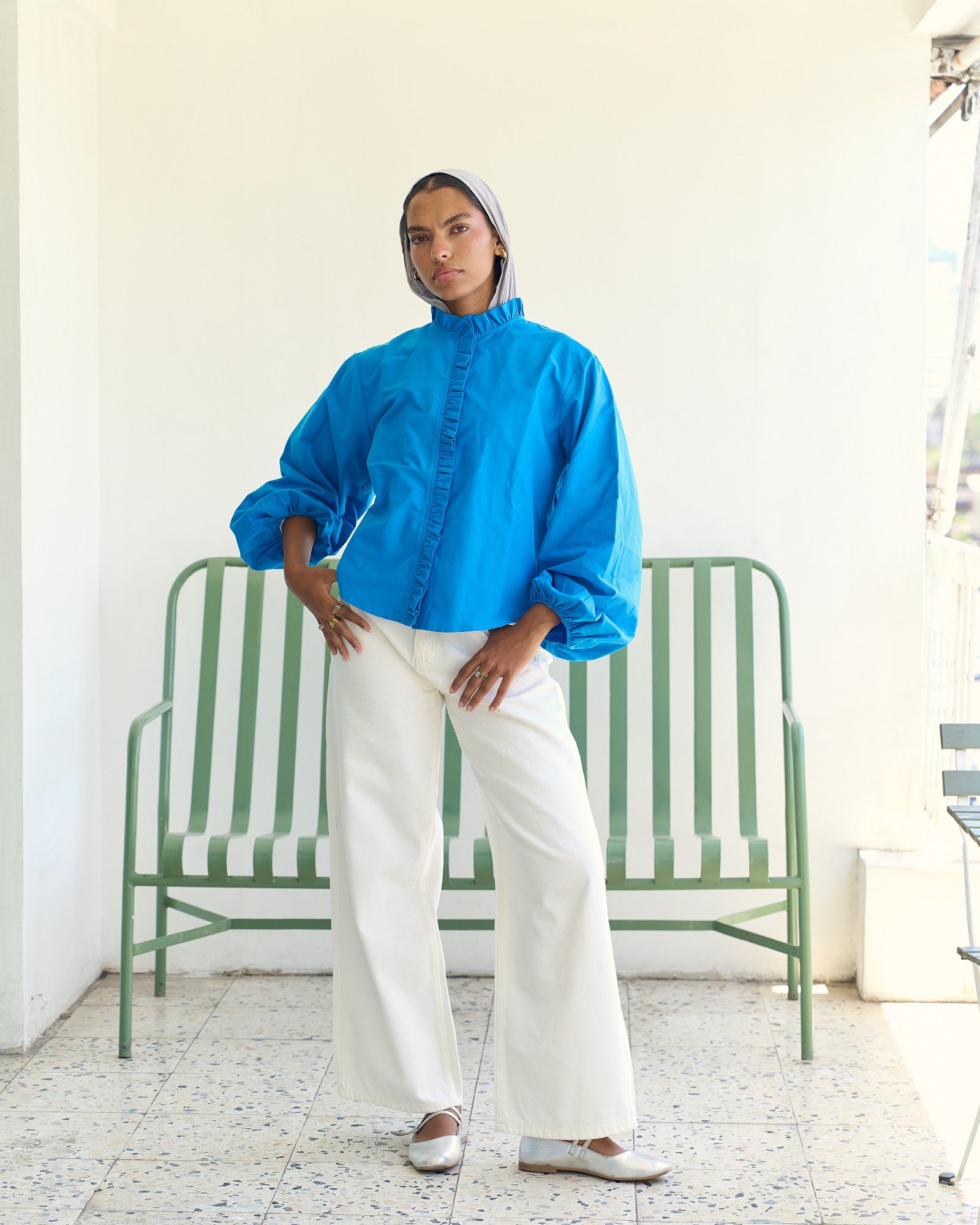 Poplin Puff Sleeve Blouse - Blue