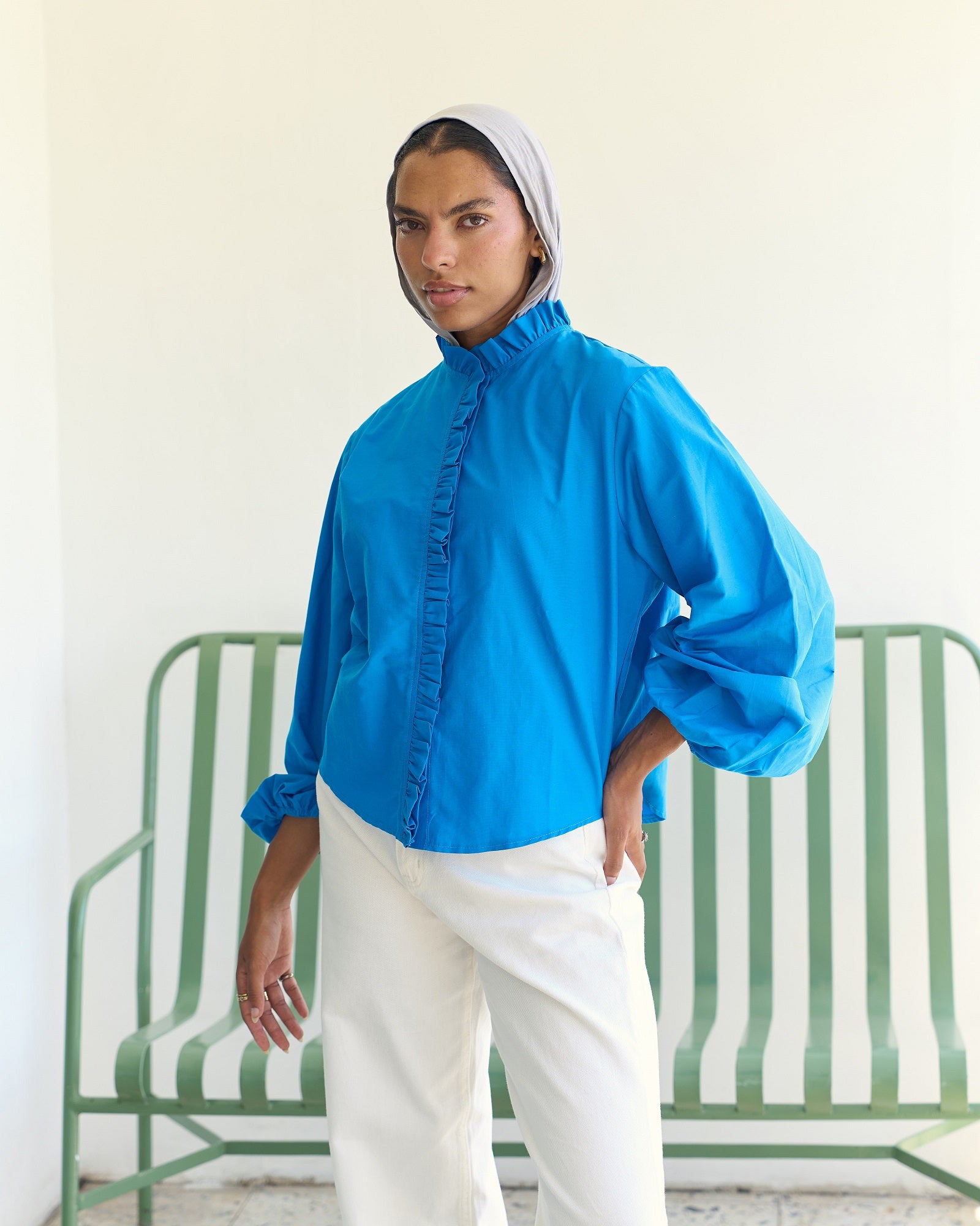 Poplin Puff Sleeve Blouse - Blue