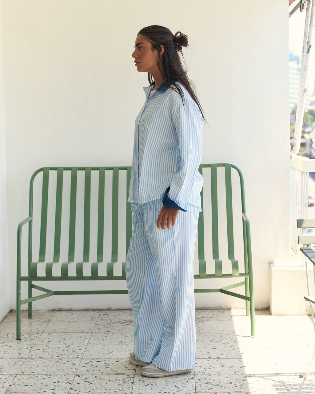 Denim Trim Striped Set - White & Sky Blue Stripes