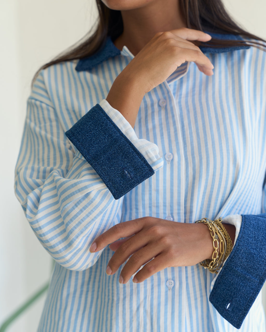 Denim Trim Striped Set - White & Sky Blue Stripes