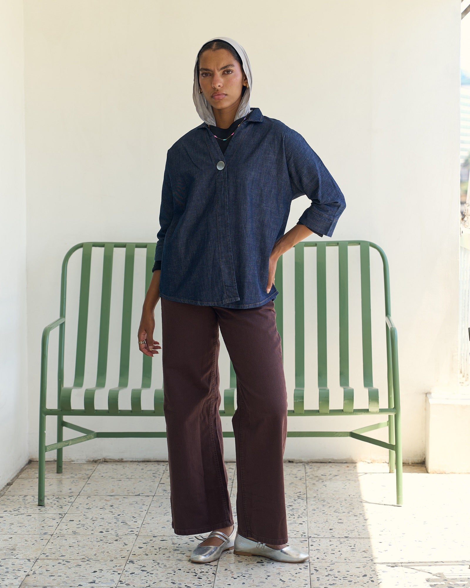 Front Button Denim Blouse - Dark Blue
