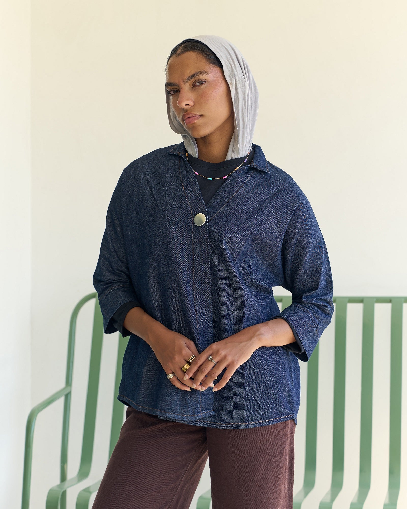 Front Button Denim Blouse - Dark Blue