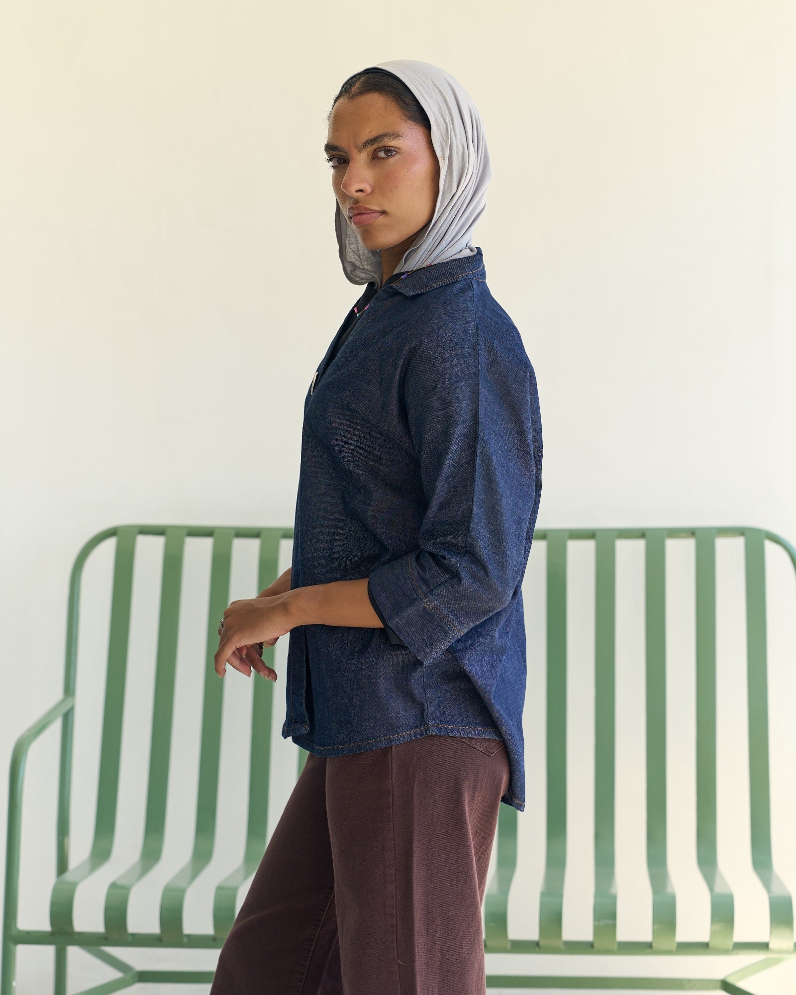 Front Button Denim Blouse - Dark Blue