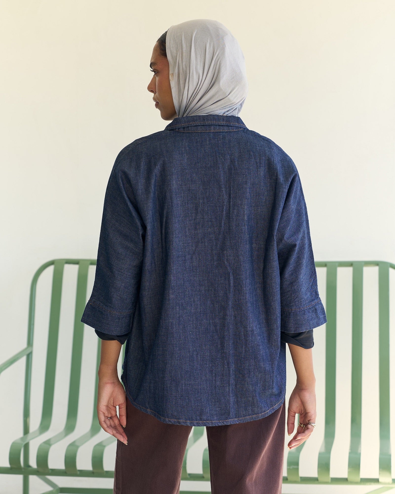 Front Button Denim Blouse - Dark Blue