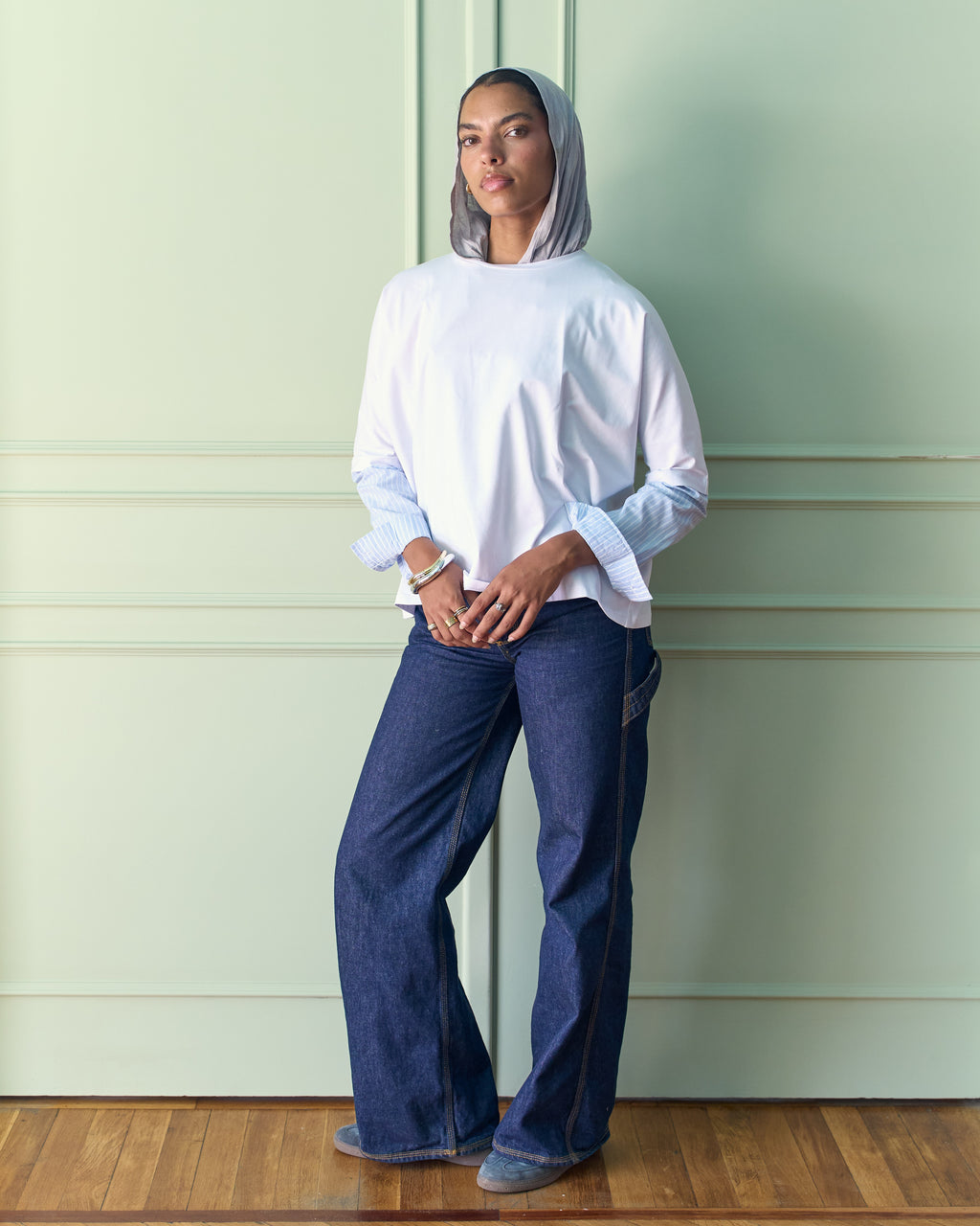 Layered Stripe Sleeve Tee - White
