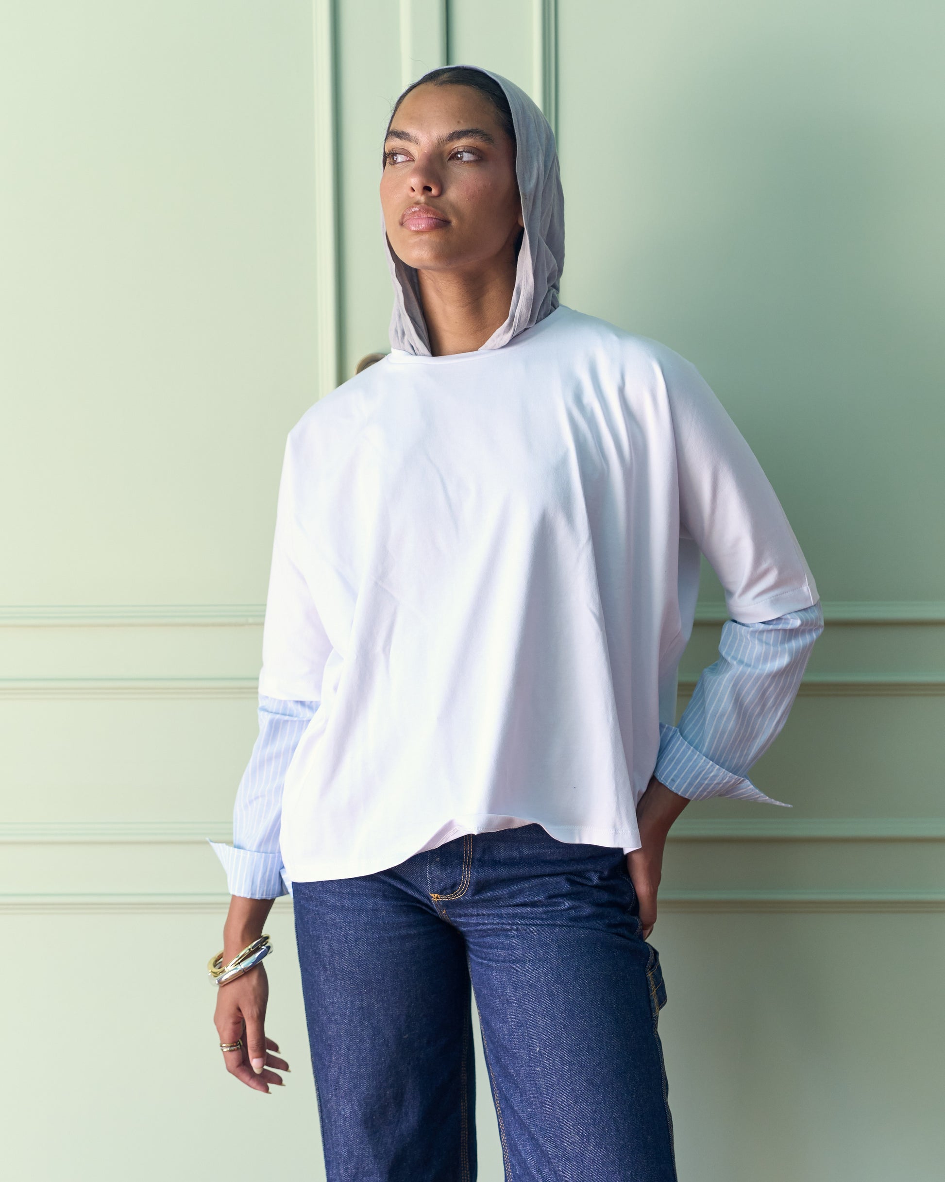 Layered Stripe Sleeve Tee - White