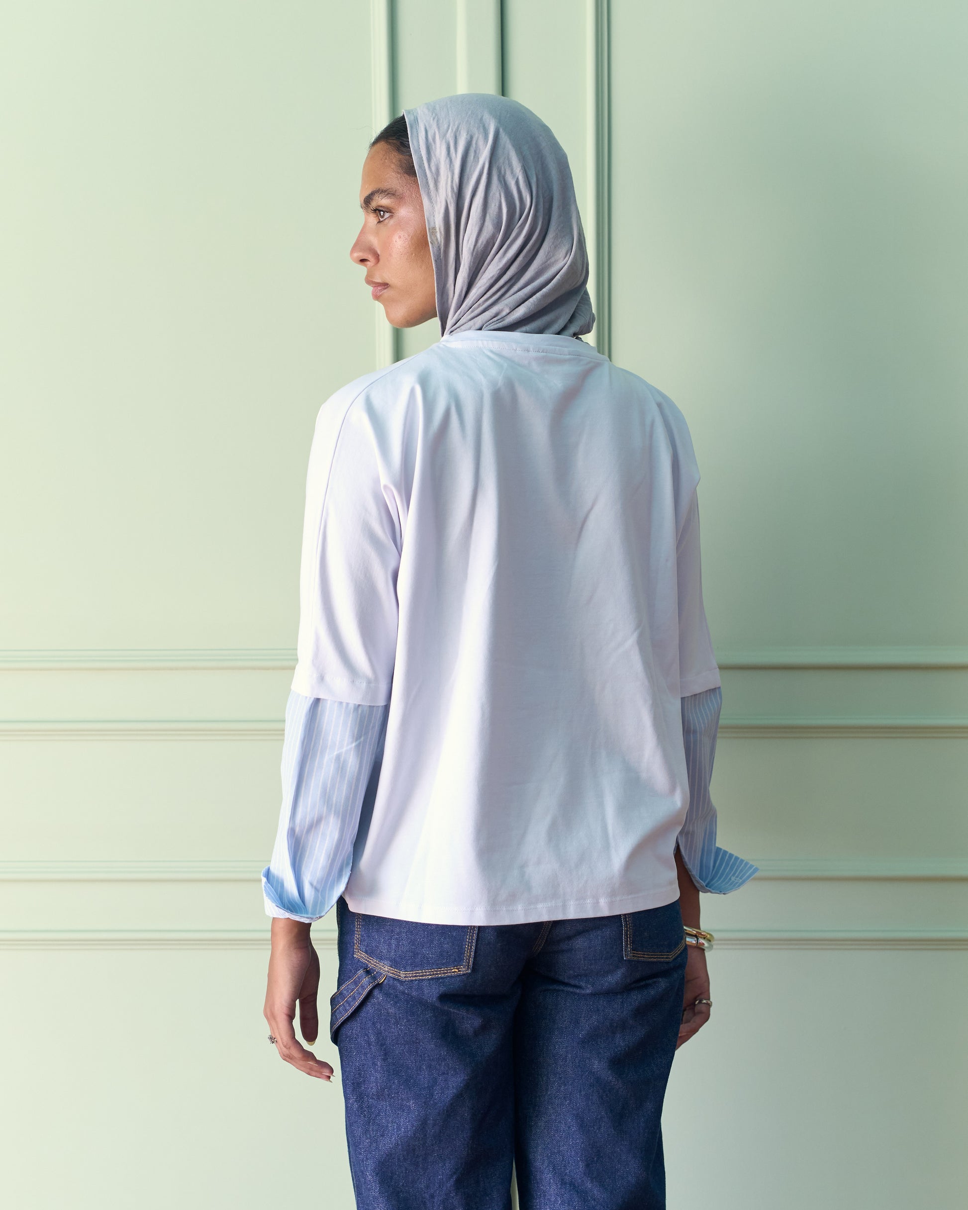 Layered Stripe Sleeve Tee - White