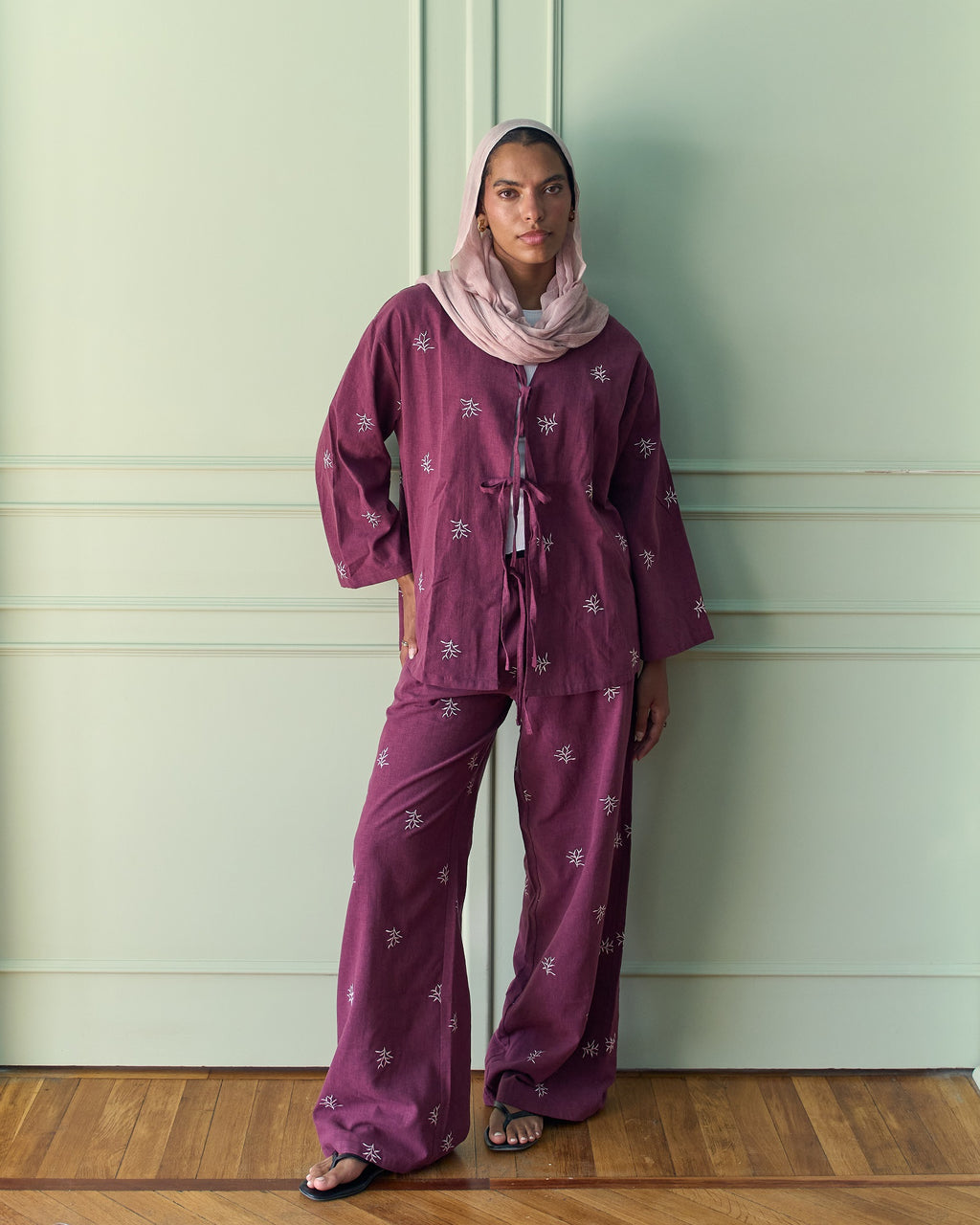 The Embroidered Linen Set - Burgundy