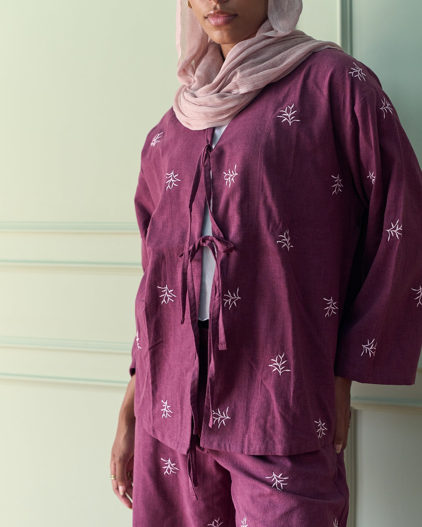 The Embroidered Linen Set - Burgundy