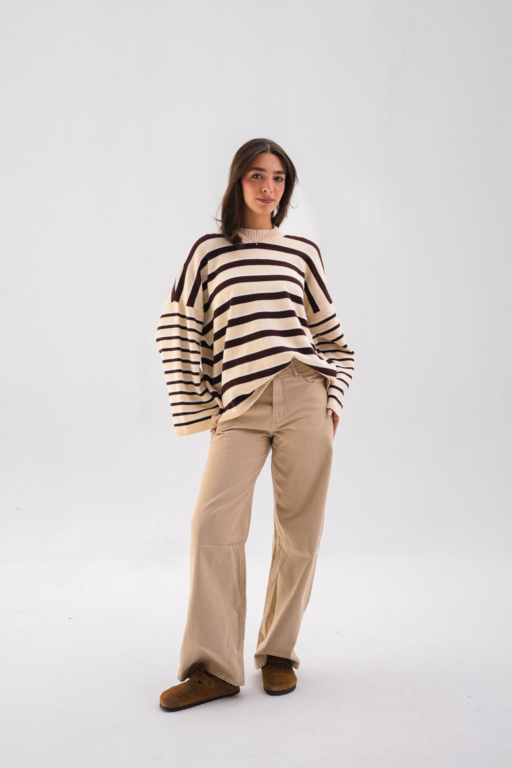 Striped Oversized Knit Sweater - Brown & Butter-yellow