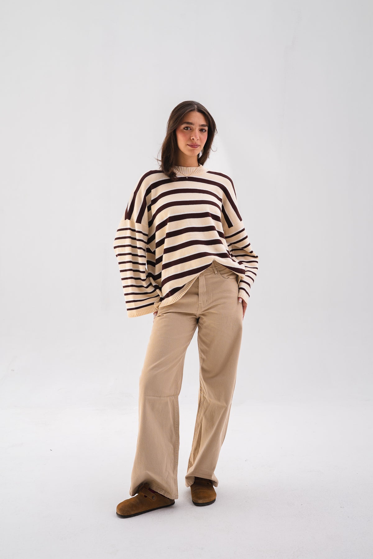 Striped Oversized Knit Sweater - Brown & Butter-yellow