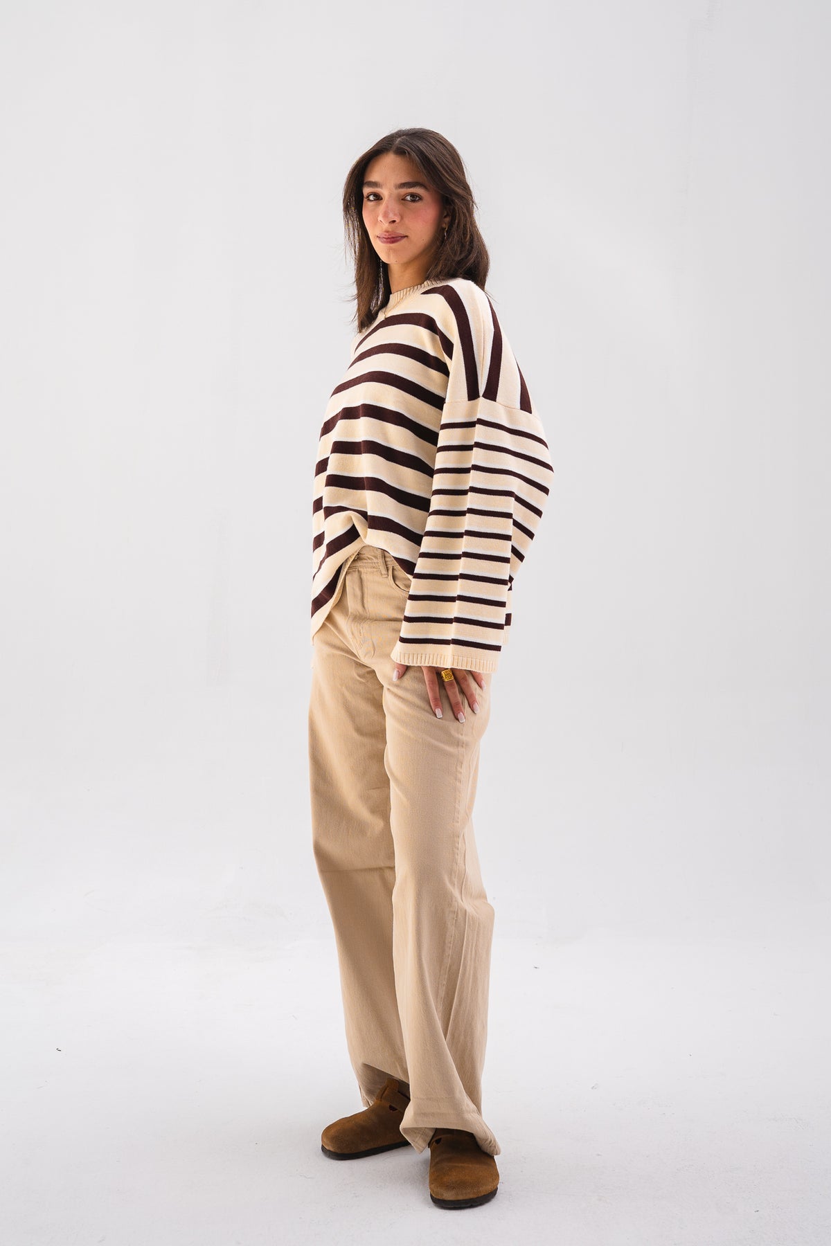 Striped Oversized Knit Sweater - Brown & Butter-yellow