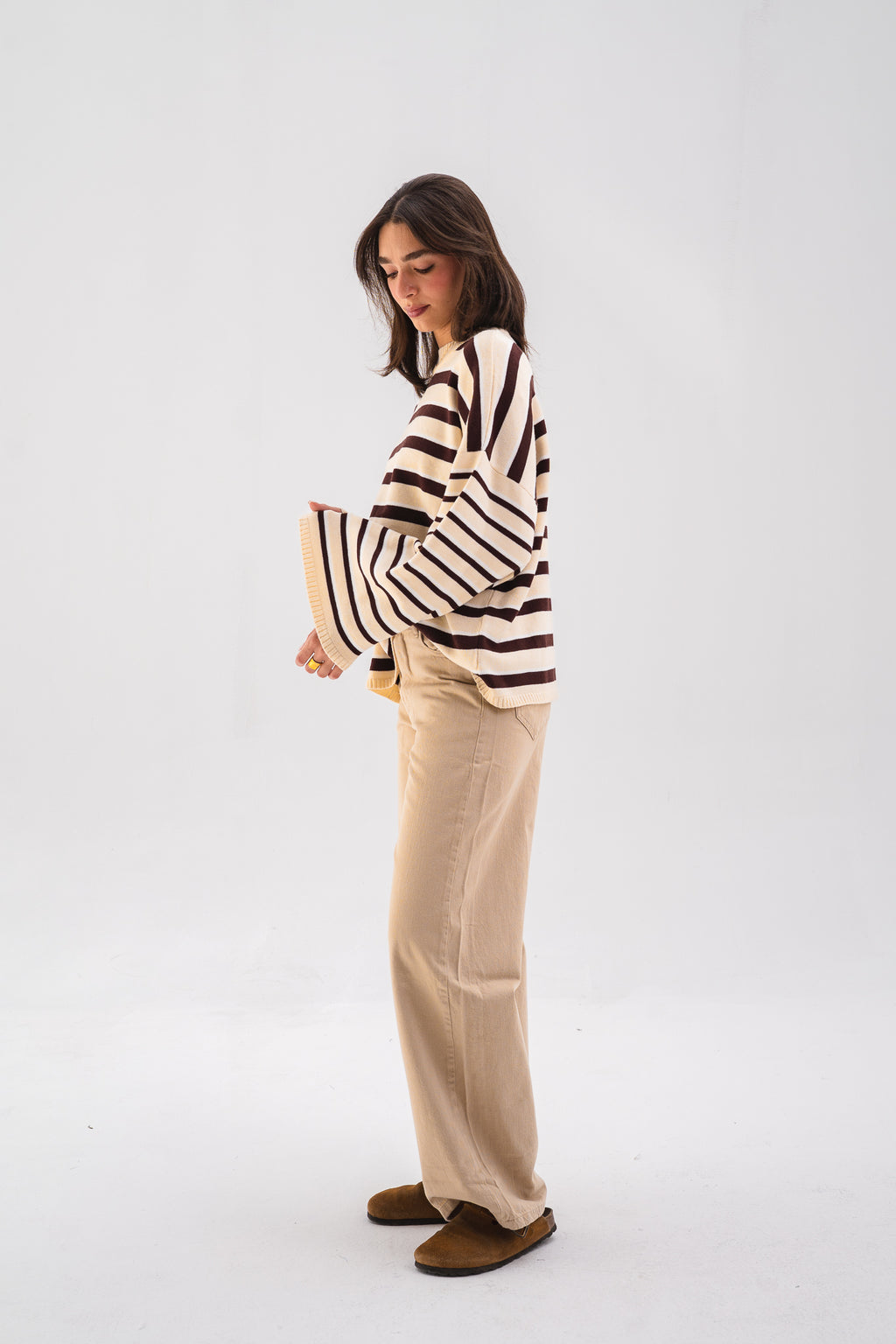 Striped Oversized Knit Sweater - Brown & Butter-yellow