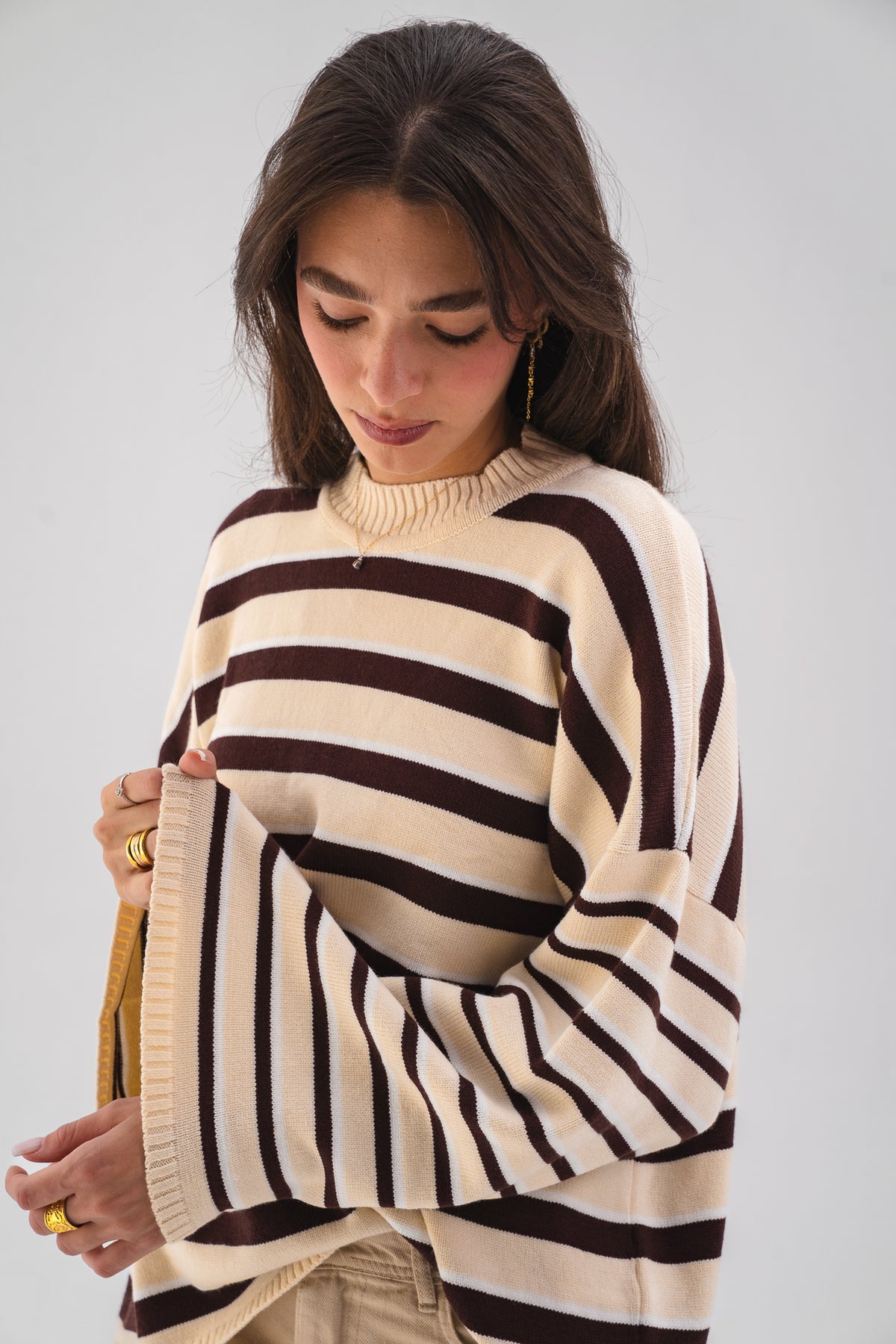 Striped Oversized Knit Sweater - Brown & Butter-yellow