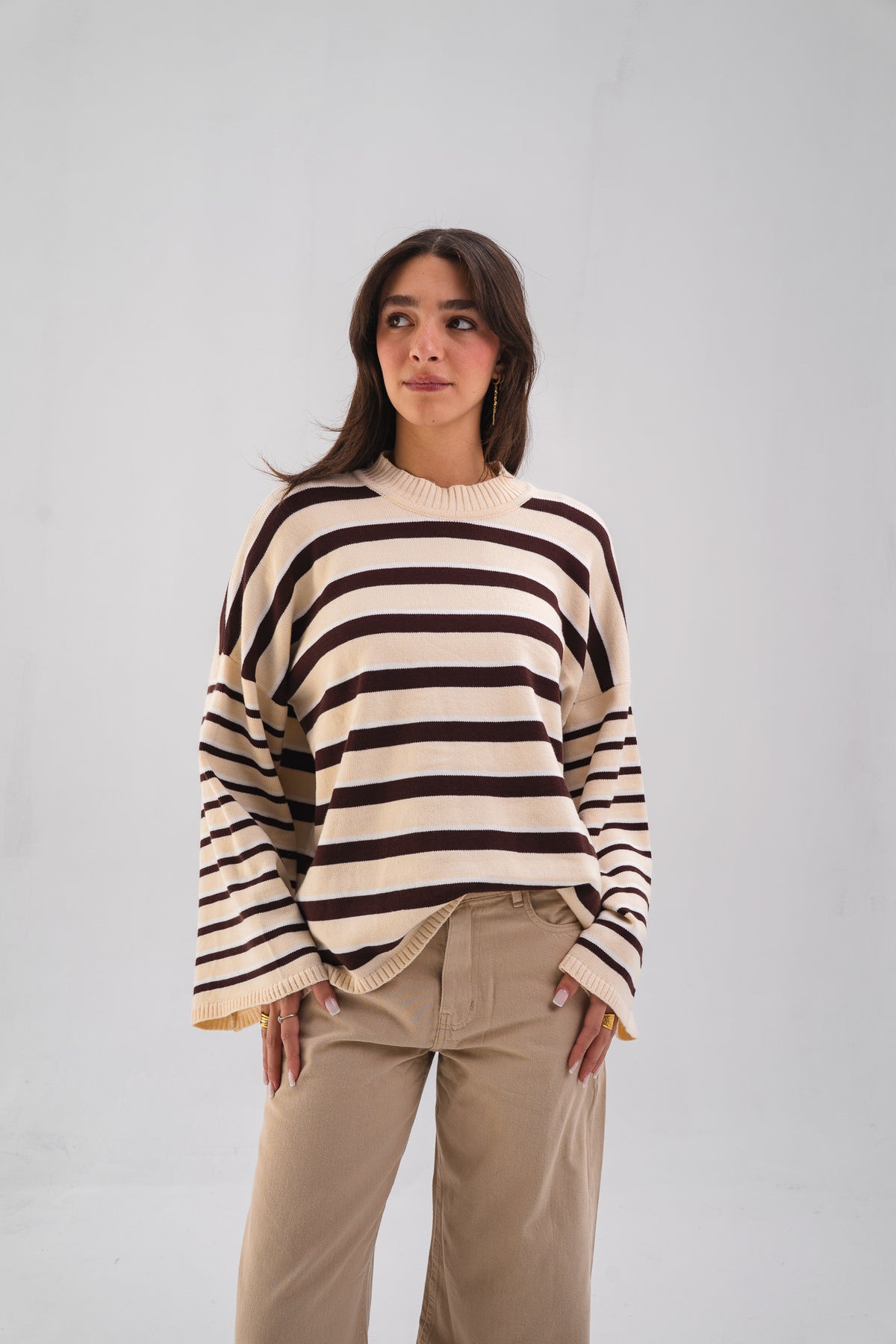 Striped Oversized Knit Sweater - Brown & Butter-yellow