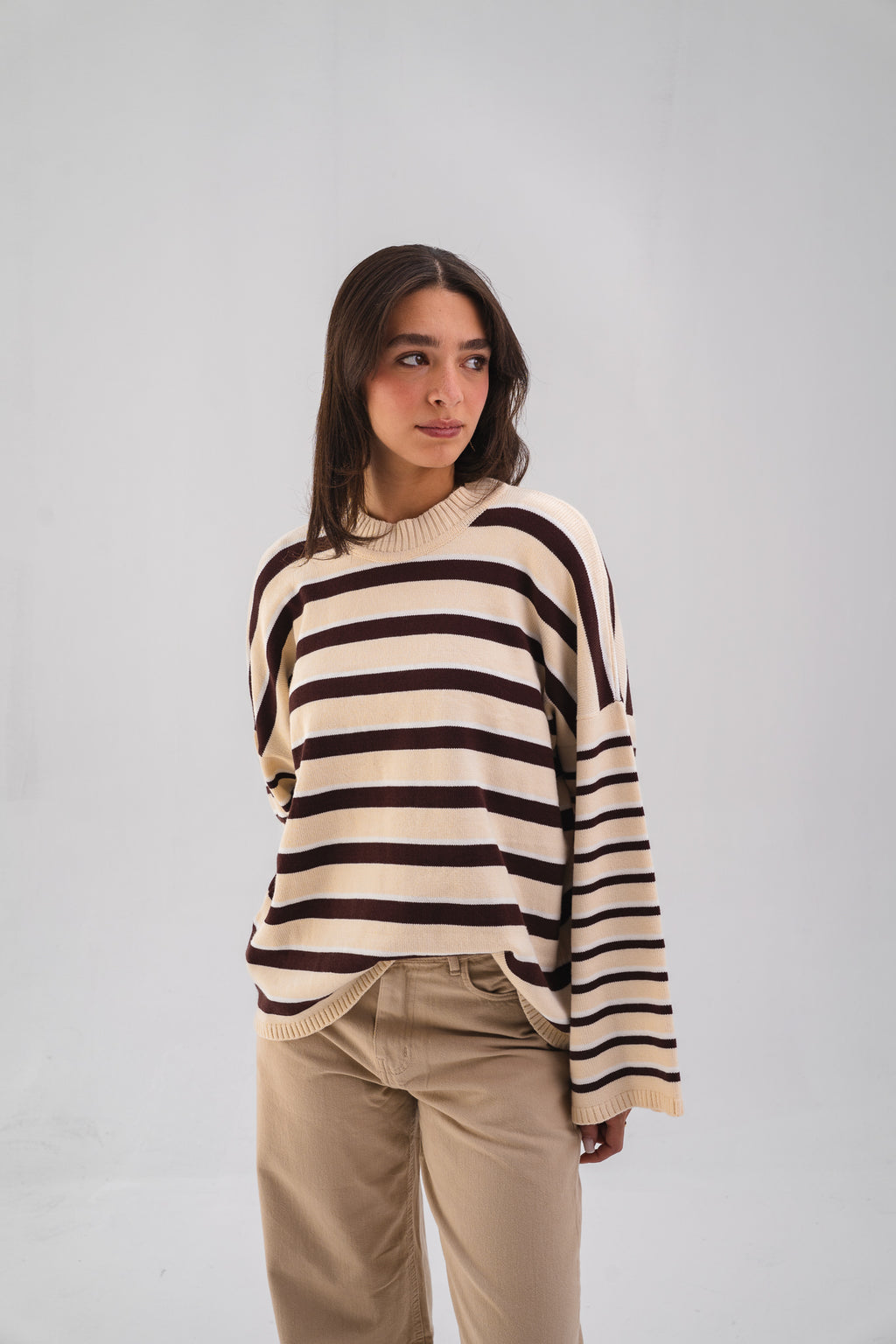 Striped Oversized Knit Sweater - Brown & Butter-yellow