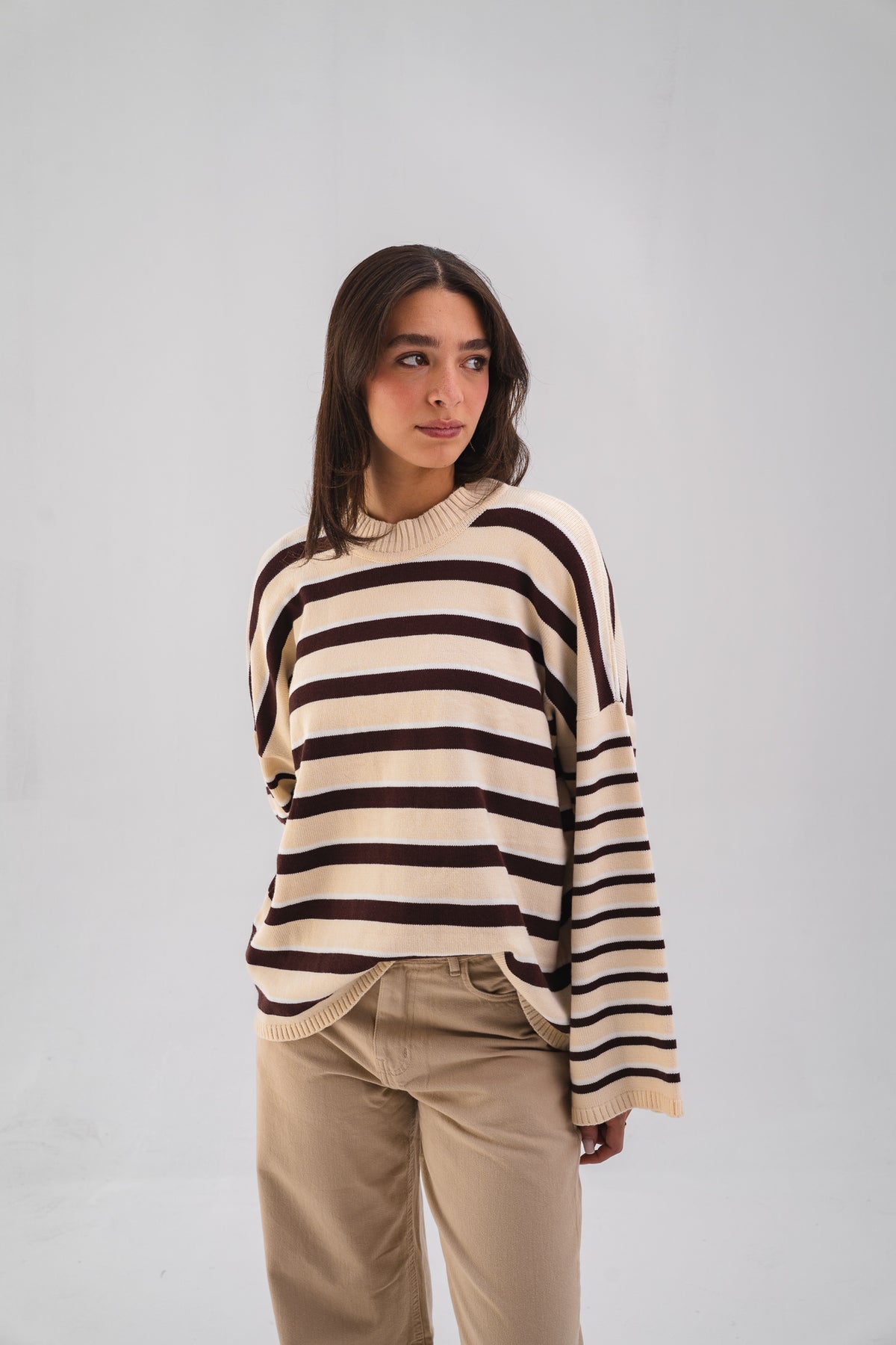 Striped Oversized Knit Sweater - Brown & Butter-yellow