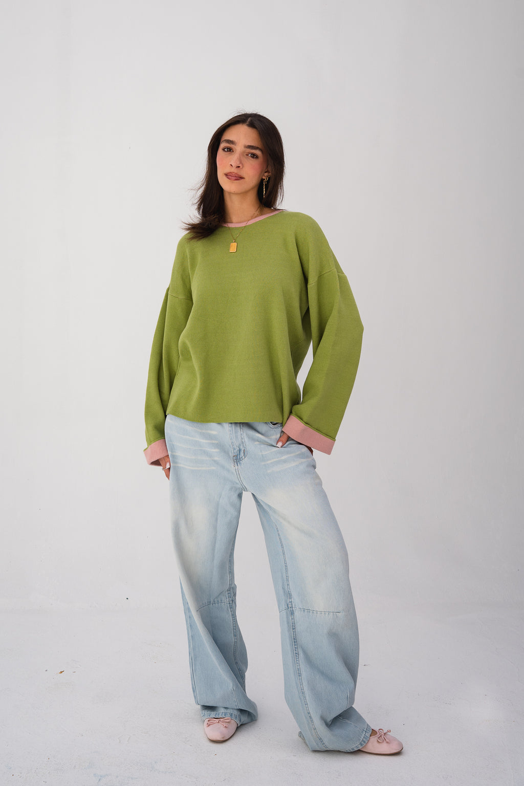Contrast-Trim Knit Sweater - Olive Green
