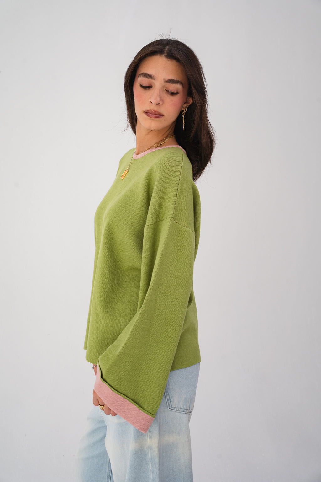 Contrast-Trim Knit Sweater - Olive Green