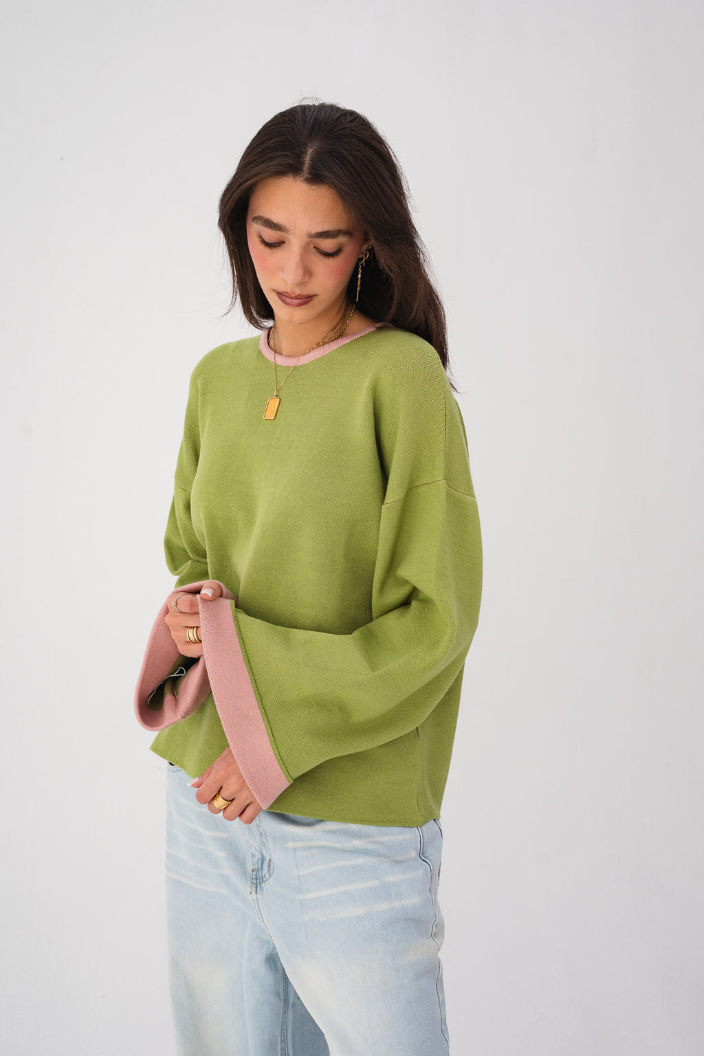 Contrast-Trim Knit Sweater - Olive Green