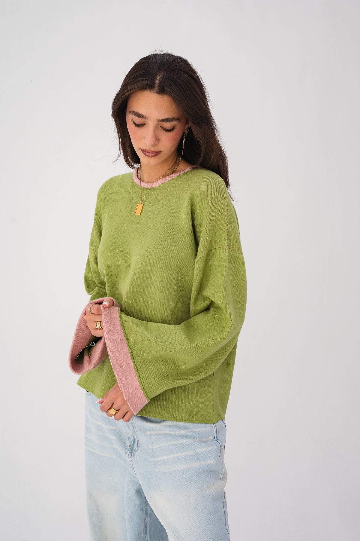 Contrast-Trim Knit Sweater - Olive Green