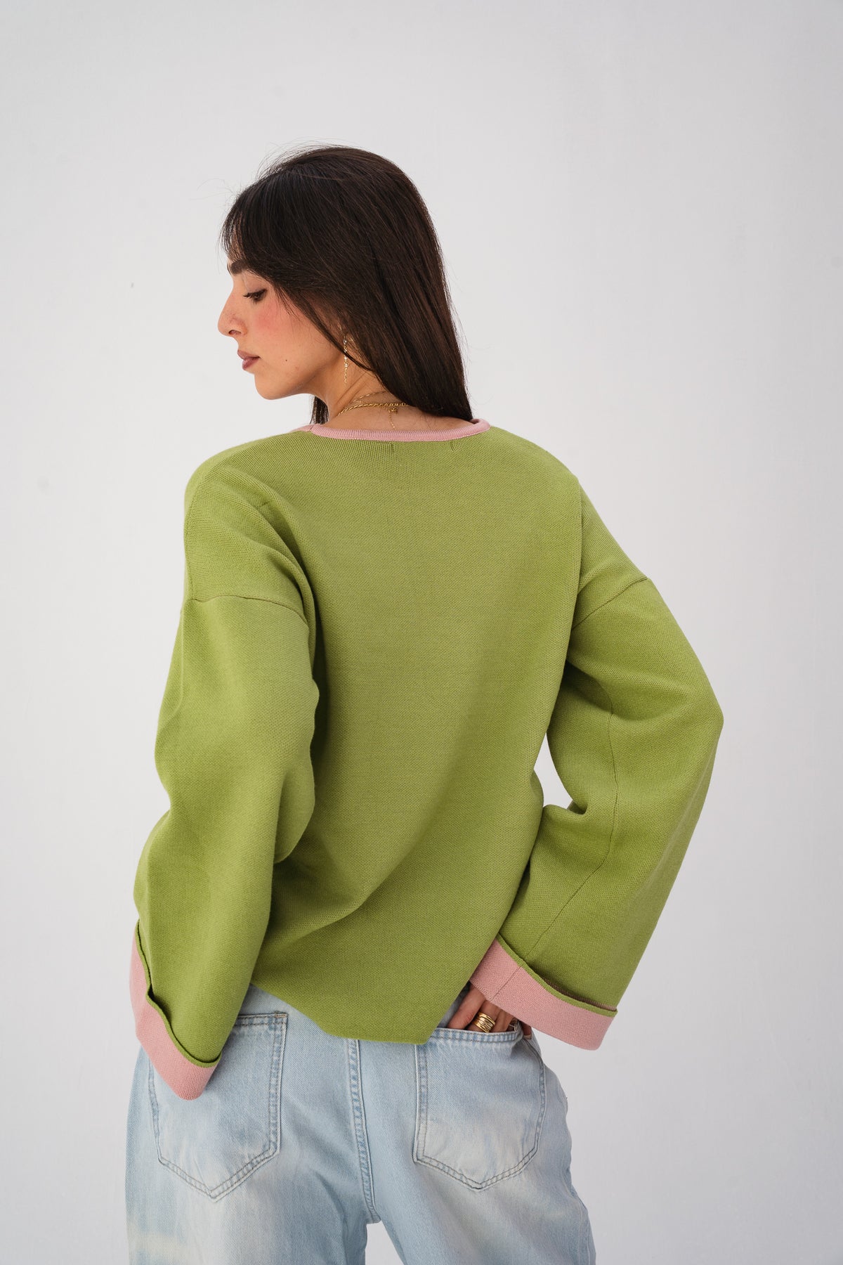 Contrast-Trim Knit Sweater - Olive Green
