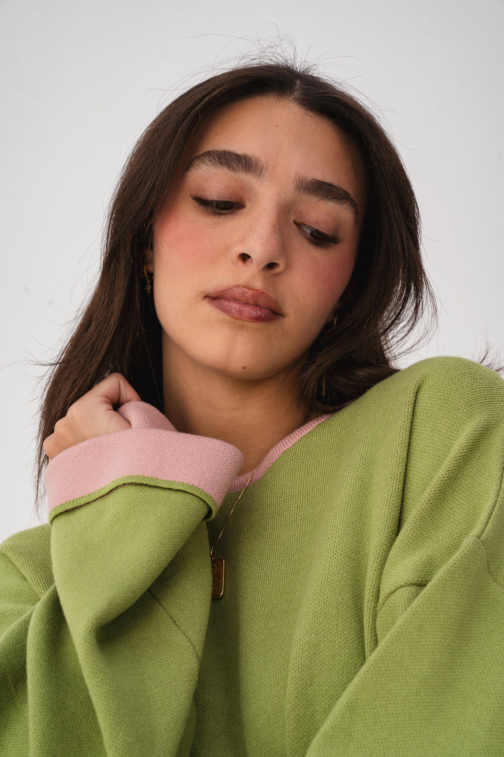 Contrast-Trim Knit Sweater - Olive Green