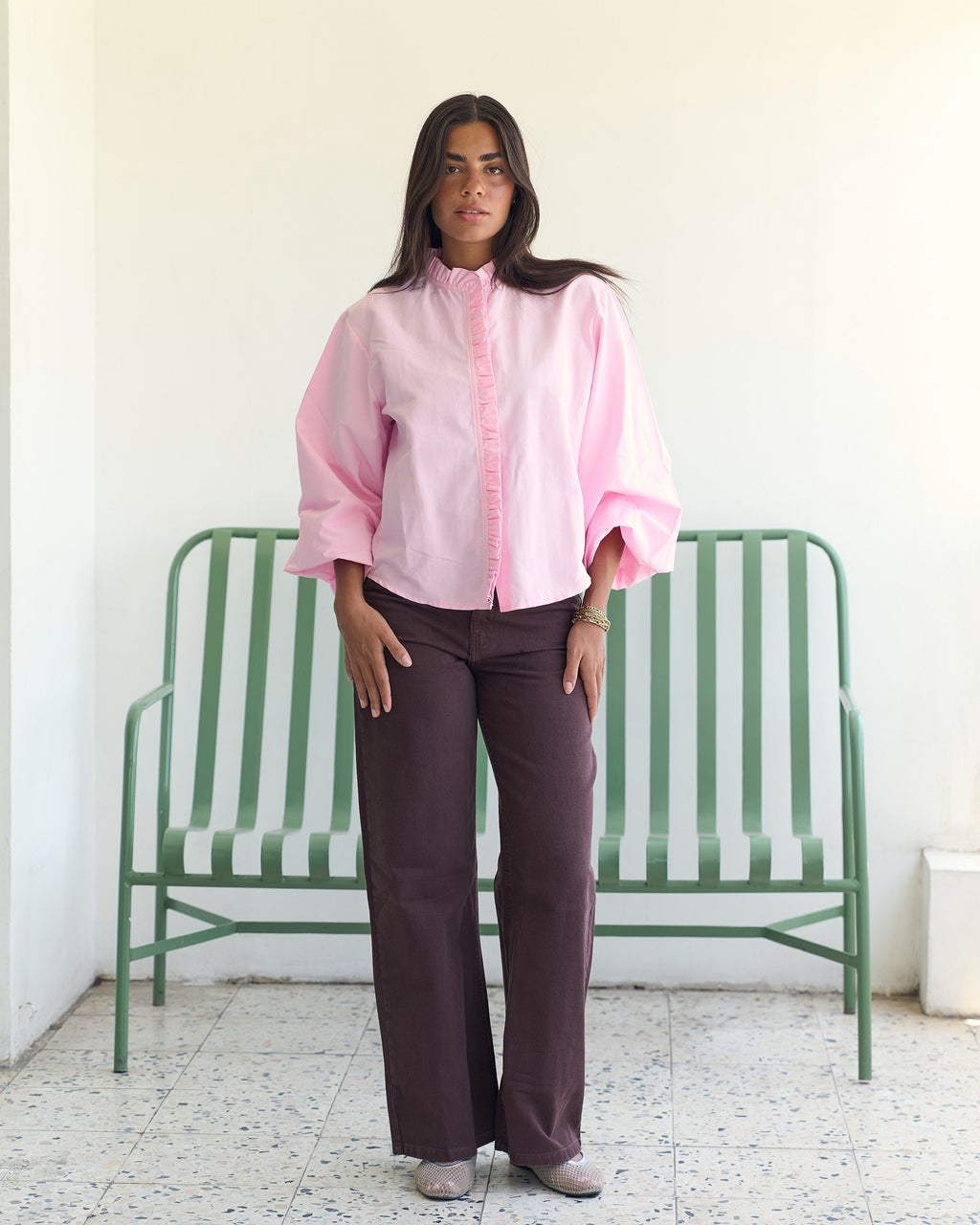 Poplin Puff Sleeve Blouse - Pink