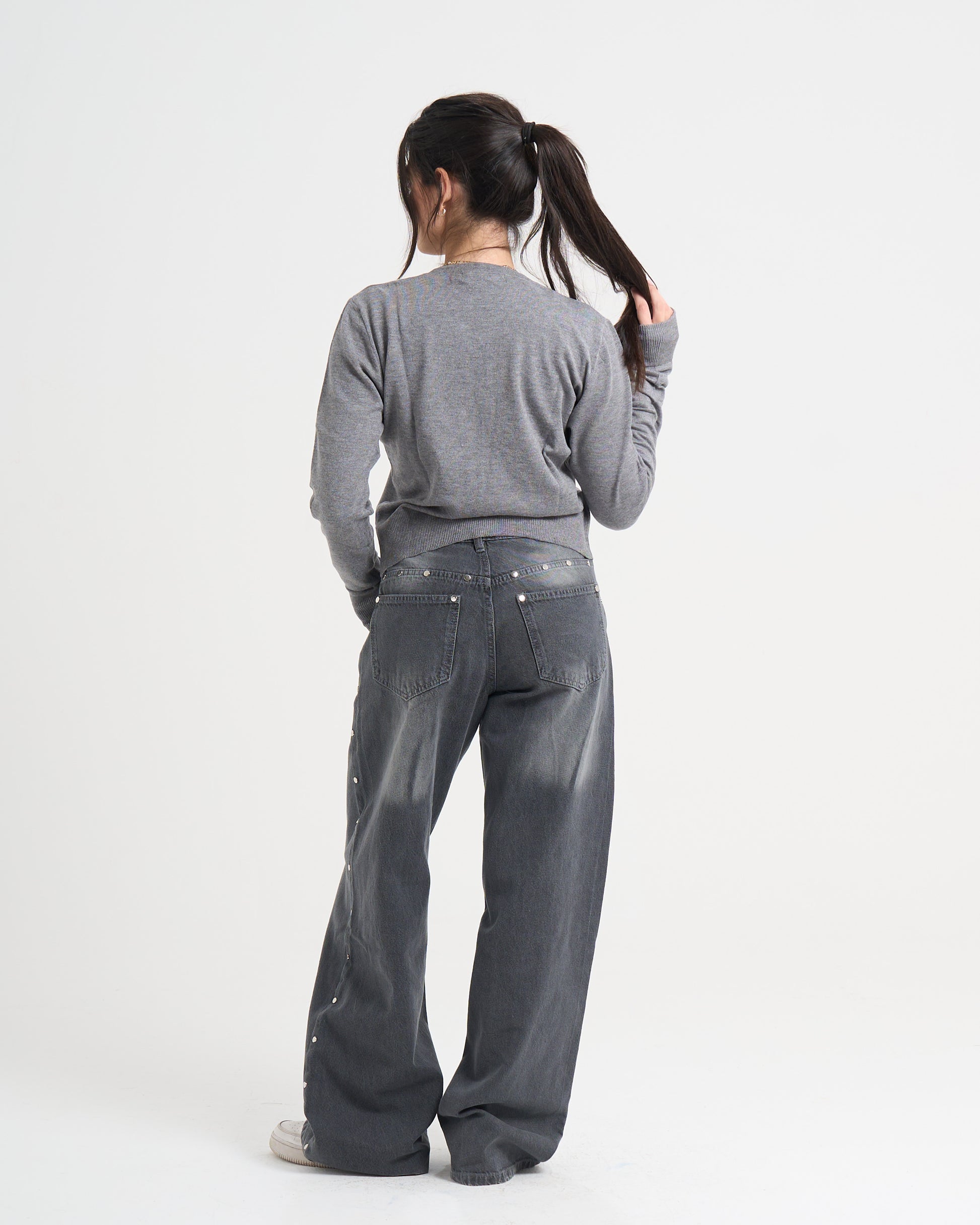 The Studded Denim Pants - Grey
