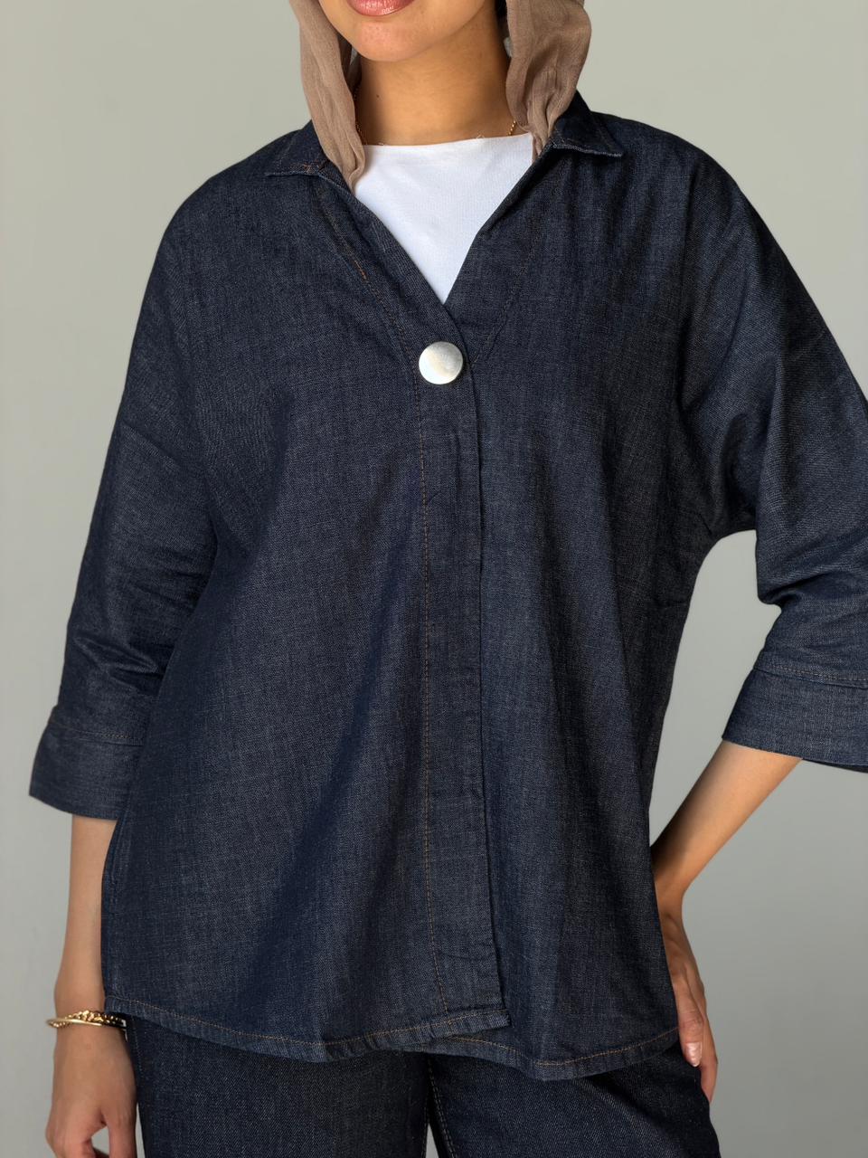 The Statement Button Denim Shirt - Dark Blue