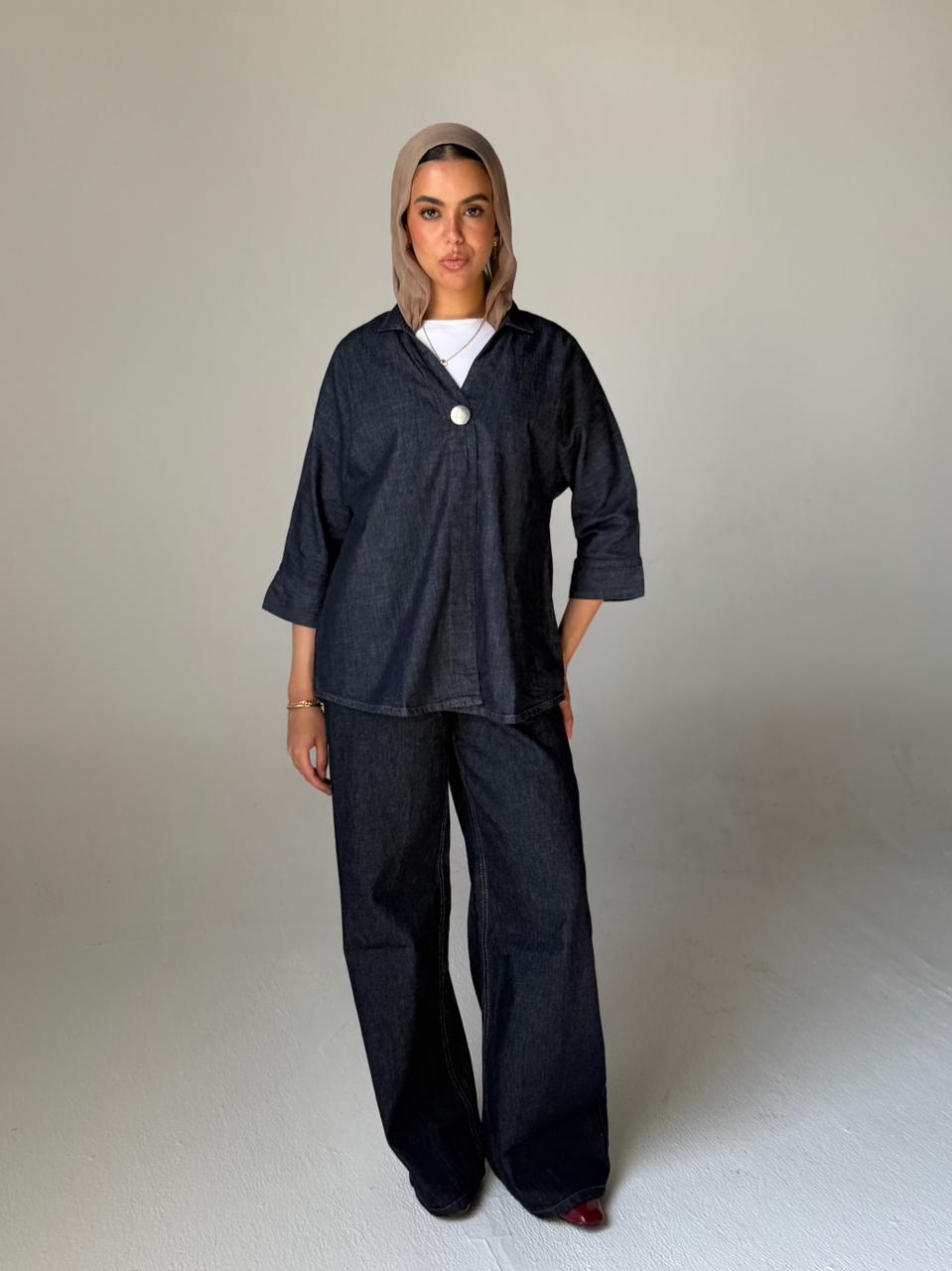The Statement Button Denim Shirt - Dark Blue